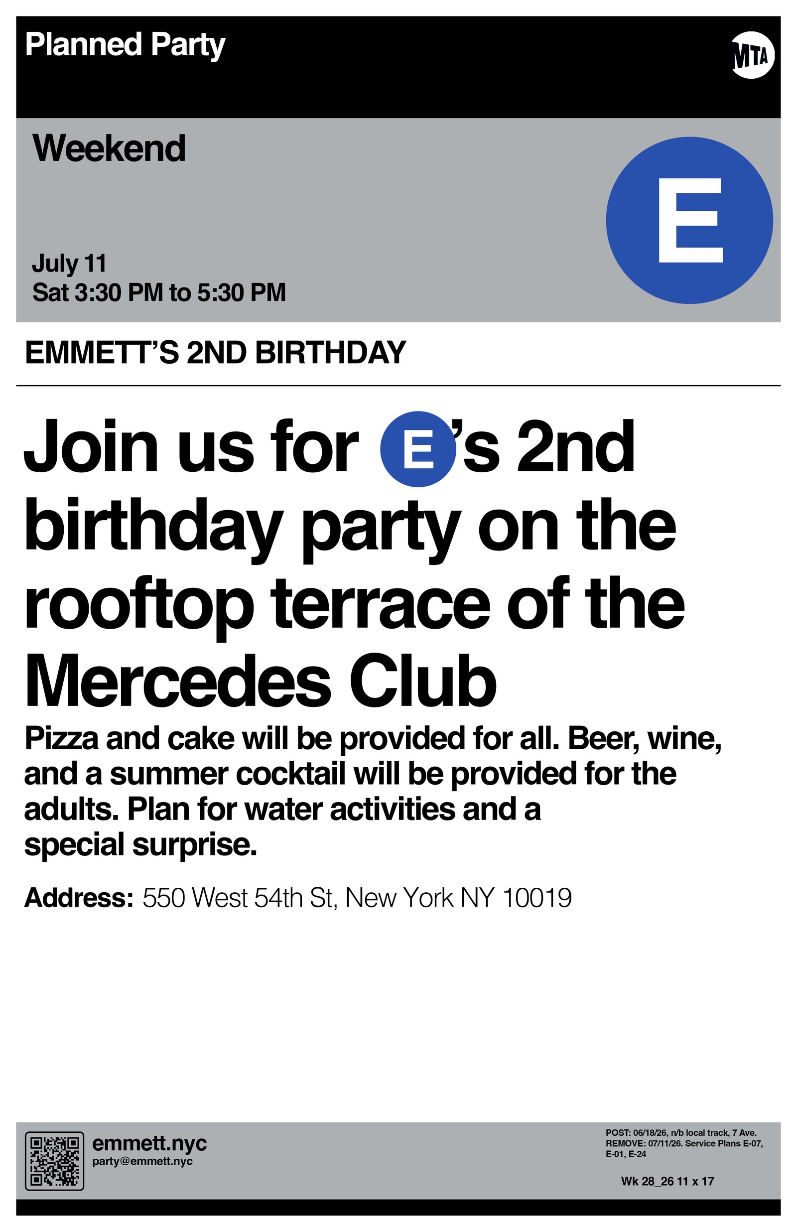 Emmett's 2nd Birthday party flyer with full details
